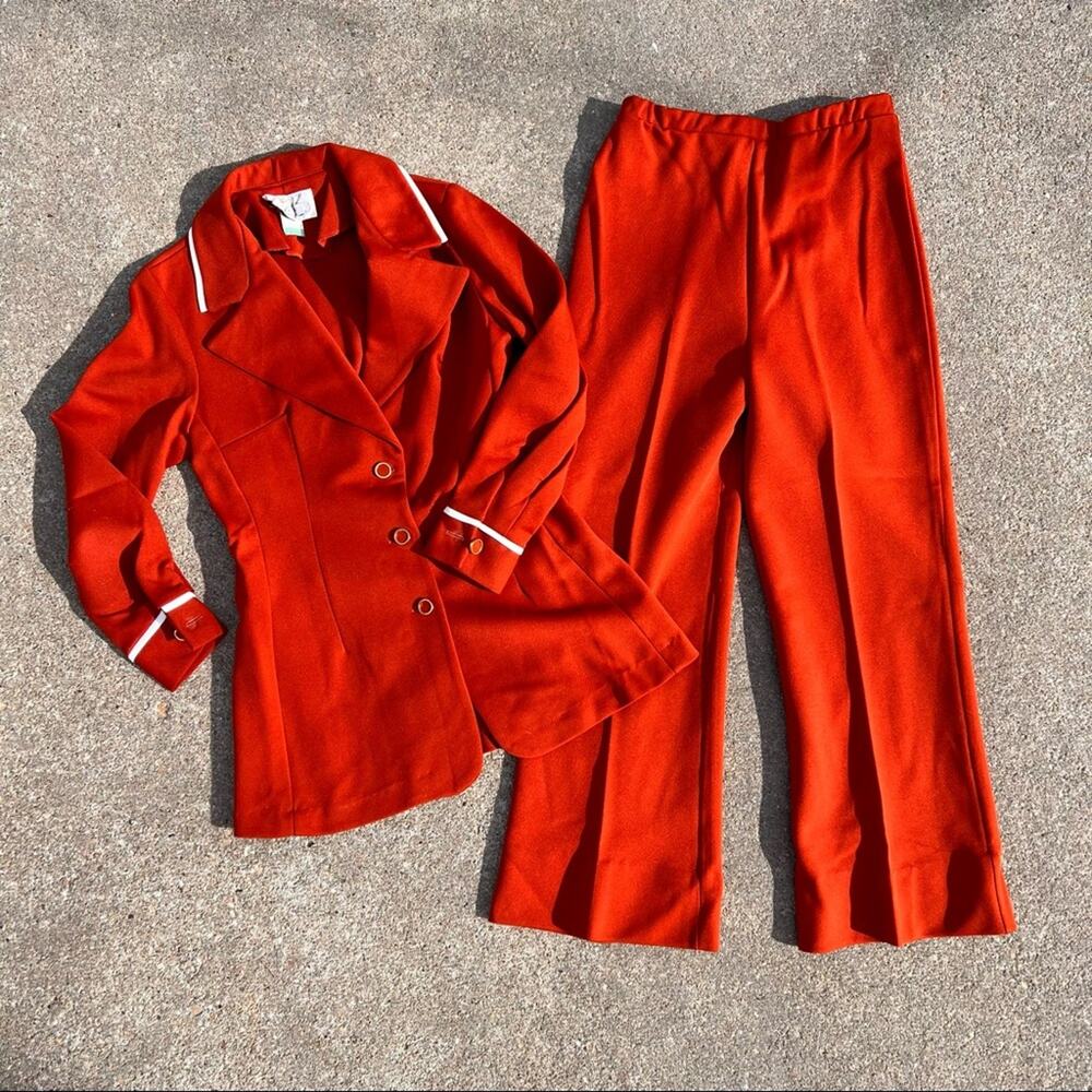 Vintage 70s Mister B MCM Orange double knit polyester leisure suit SMALL?